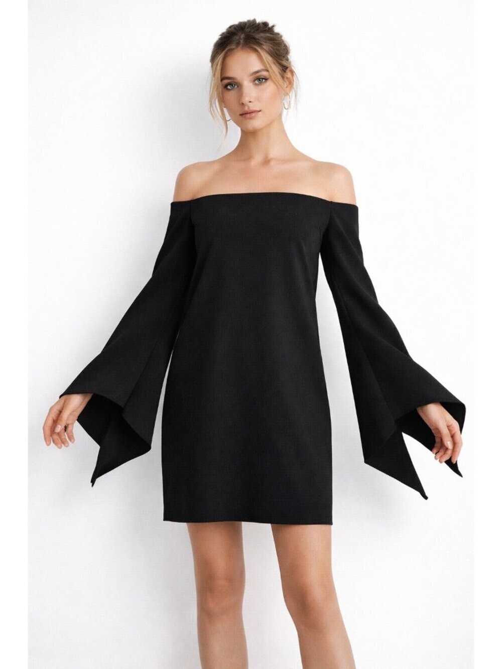 TIBI black off the shoulder mini dress 2 flared sleeve dramatic lbd designer